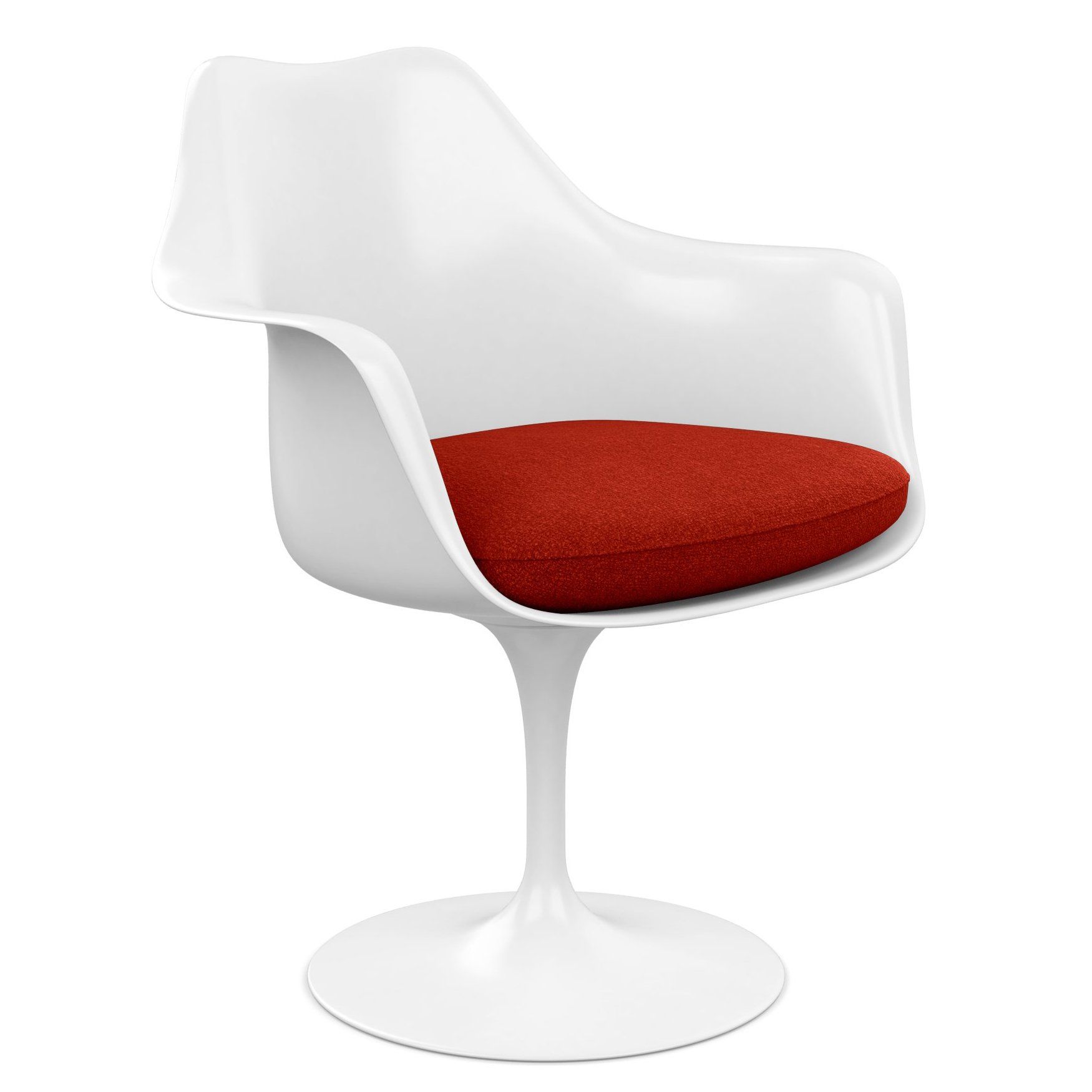 Eero Saarinen - Chaise Tulip blanche avec des accoudoirs et un coussin rouge